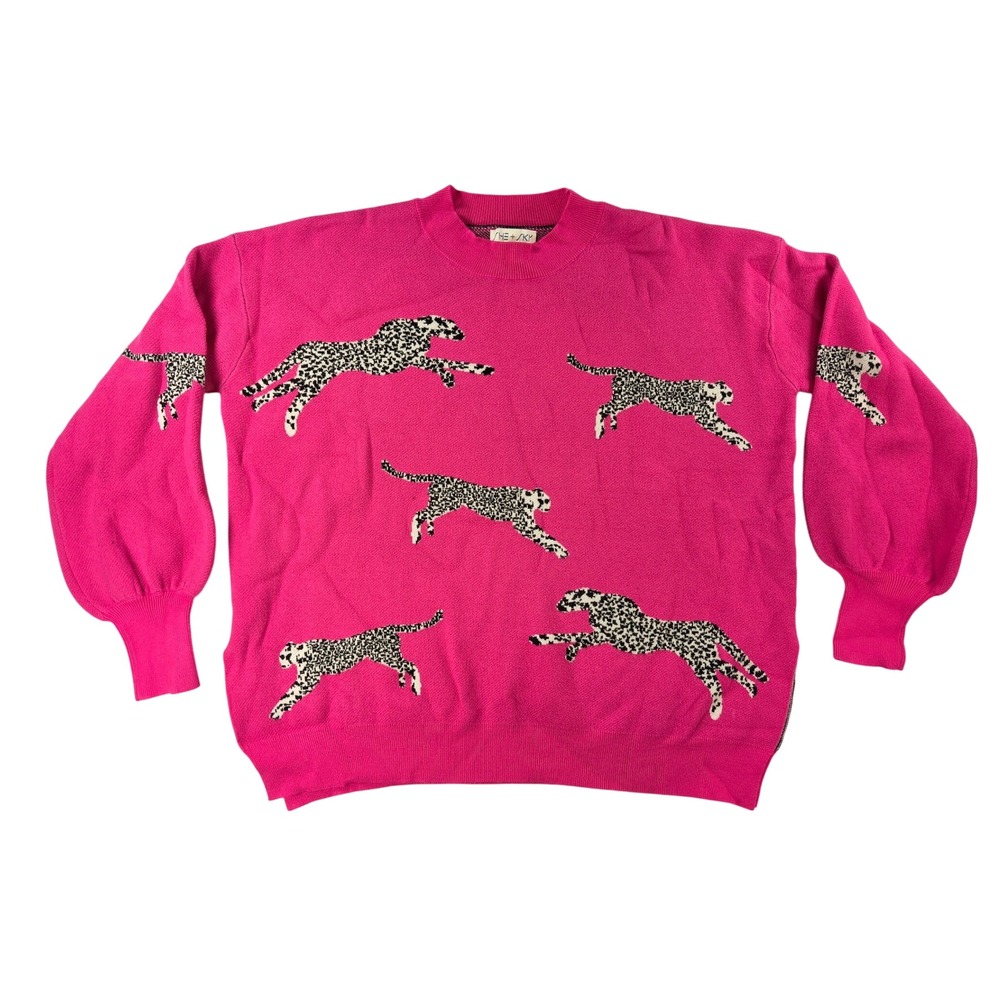She Sky Pink Animal Print Cheetah Knit Long Sleeve Sweater Women Oversized S / M